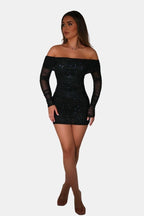 Grace – Sparkle Off-Shoulder Mesh Mini Dress Glitter Party Dress - Nalani - Fashion Clothing and Decor