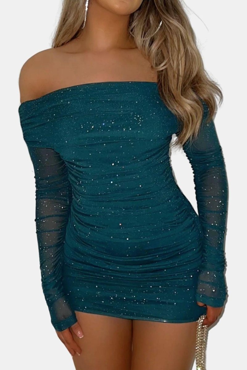 Grace – Sparkle Off-Shoulder Mesh Mini Dress Glitter Party Dress - Nalani - Fashion Clothing and Decor