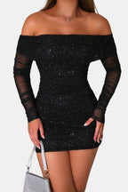 Grace – Sparkle Off-Shoulder Mesh Mini Dress Glitter Party Dress - Nalani - Fashion Clothing and Decor