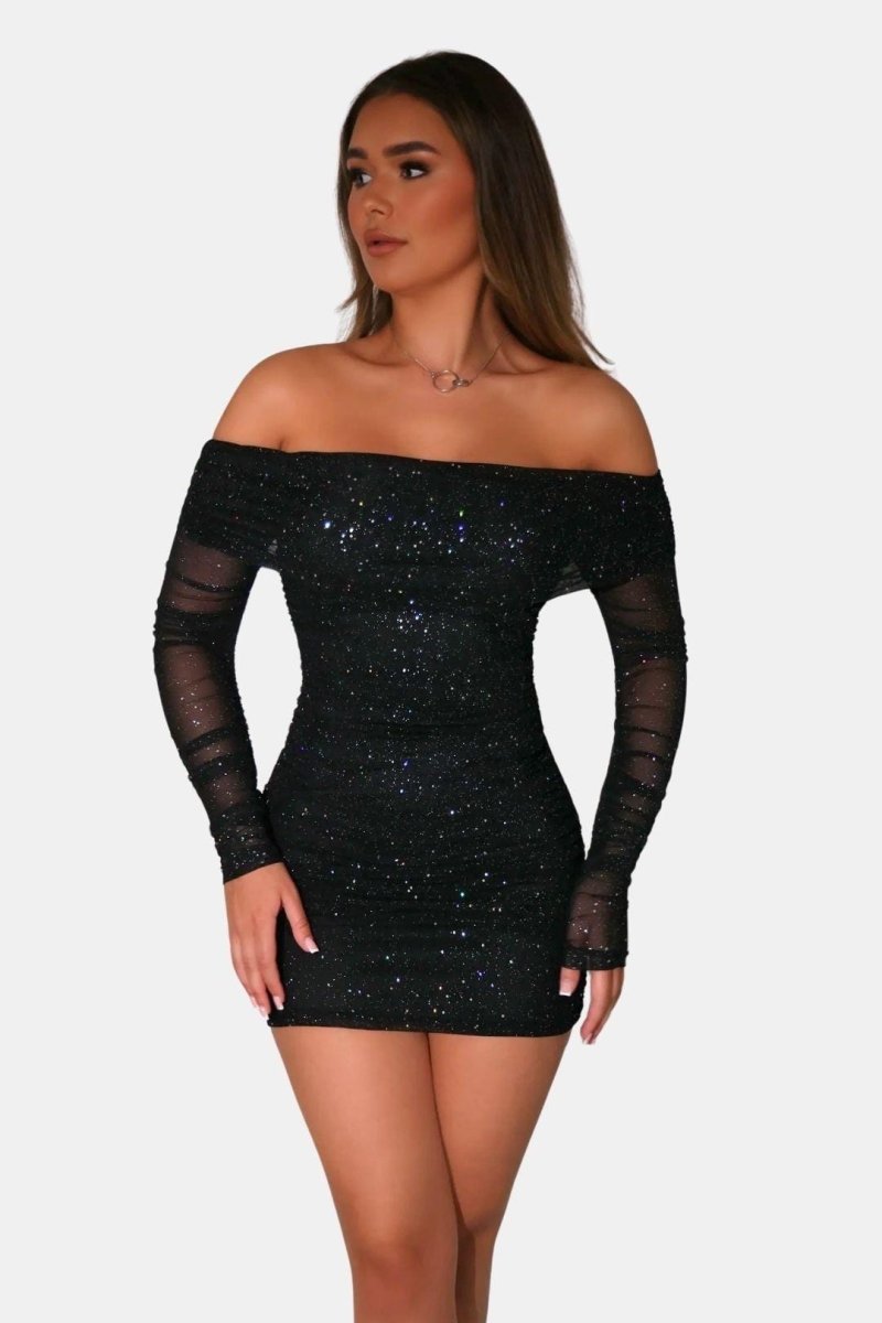 Grace – Sparkle Off-Shoulder Mesh Mini Dress Glitter Party Dress - Nalani - Fashion Clothing and Decor