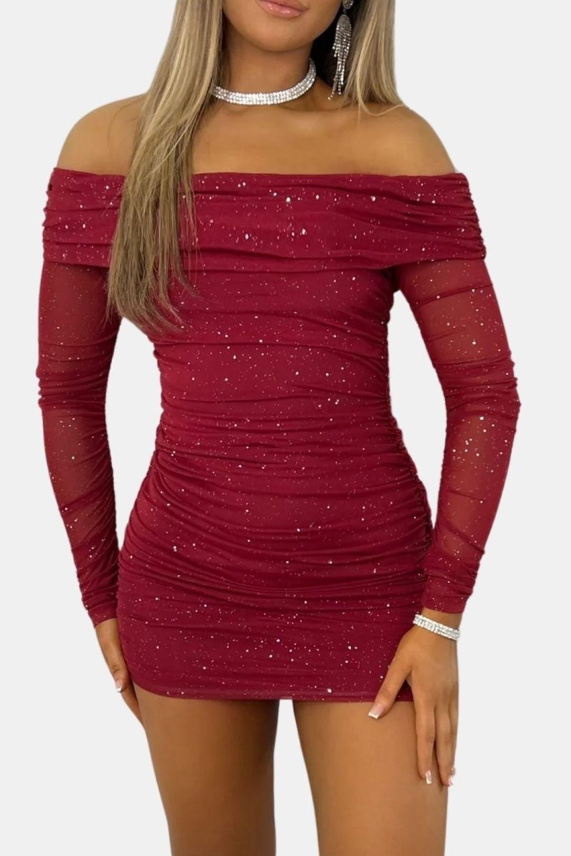 Grace – Sparkle Off-Shoulder Mesh Mini Dress Glitter Party Dress - Nalani - Fashion Clothing and Decor