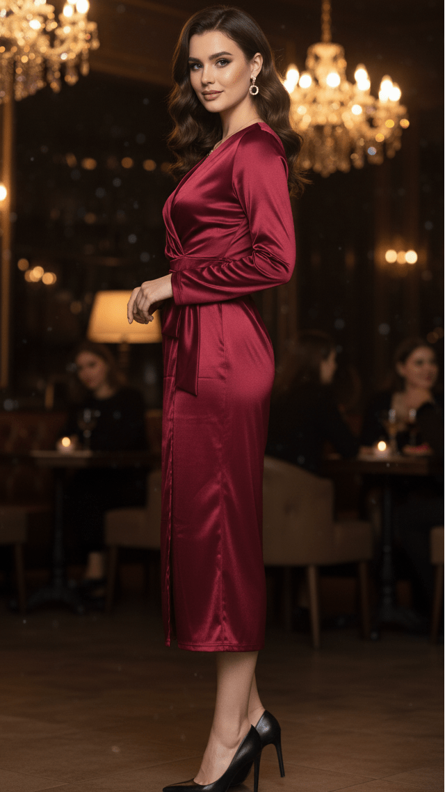 Isabelle | Burgundy Wrap Dress - Lumina With Elegant Draped Silhouette - Nalani - Fashion Clothing and Decor