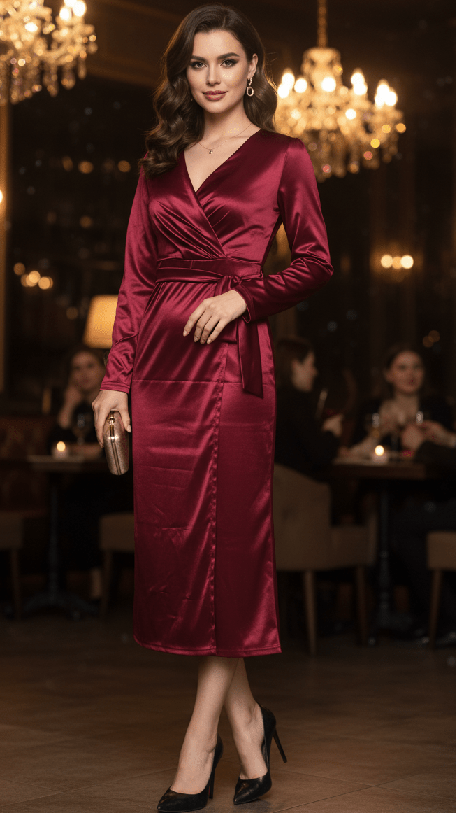 Isabelle | Burgundy Wrap Dress - Lumina With Elegant Draped Silhouette - Nalani - Fashion Clothing and Decor