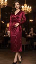 Isabelle | Burgundy Wrap Dress - Lumina With Elegant Draped Silhouette - Nalani - Fashion Clothing and Decor