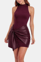 Izza – Tie Front Sleeveless Mini Dress With Faux Leather Tie - Nalani - Fashion Clothing and Decor