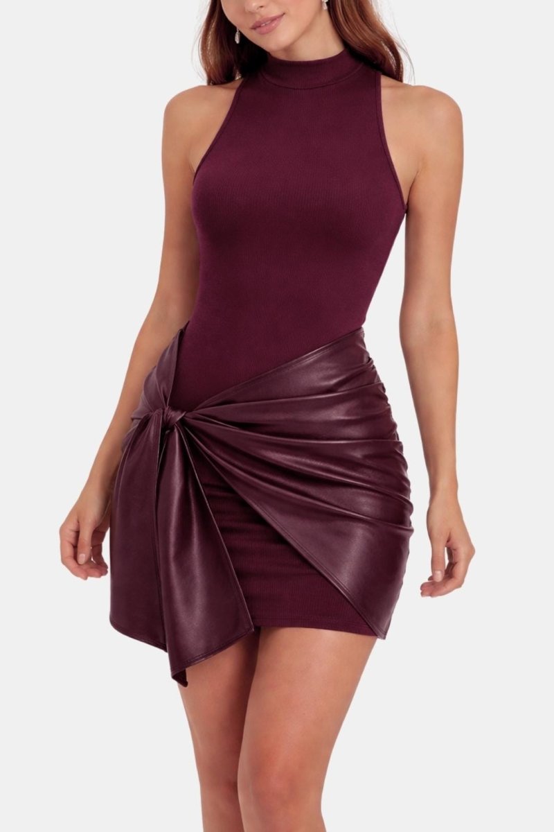 Izza – Tie Front Sleeveless Mini Dress With Faux Leather Tie - Nalani - Fashion Clothing and Decor