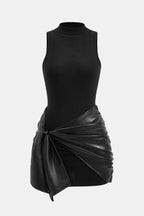 Izza – Tie Front Sleeveless Mini Dress With Faux Leather Tie - Nalani - Fashion Clothing and Decor