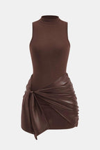 Izza – Tie Front Sleeveless Mini Dress With Faux Leather Tie - Nalani - Fashion Clothing and Decor