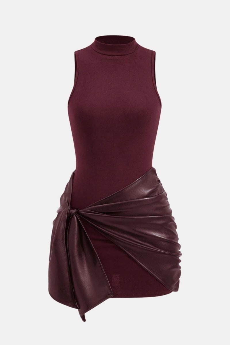 Izza – Tie Front Sleeveless Mini Dress With Faux Leather Tie - Nalani - Fashion Clothing and Decor