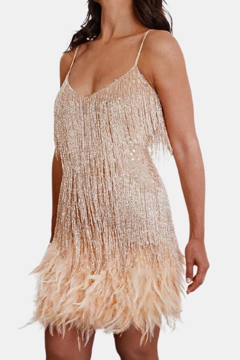 Jeena – Sequin Fringe Feather Party Dress With Vintage Glam - Nalani - Fashion Clothing and Decor
