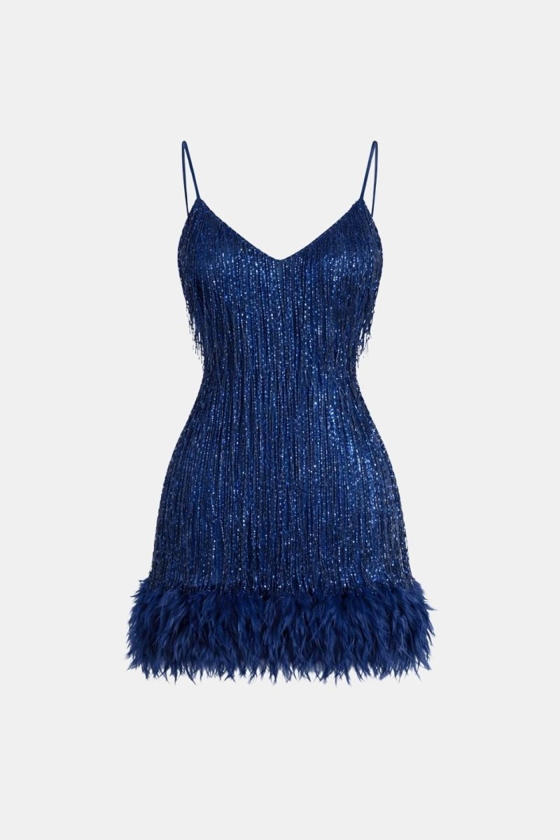 Jeena – Sequin Fringe Feather Party Dress With Vintage Glam - Nalani - Fashion Clothing and Decor