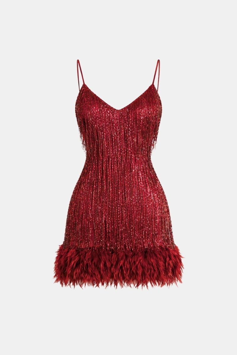 Jeena – Sequin Fringe Feather Party Dress With Vintage Glam - Nalani - Fashion Clothing and Decor