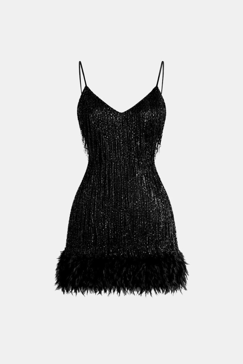 Jeena – Sequin Fringe Feather Party Dress With Vintage Glam - Nalani - Fashion Clothing and Decor