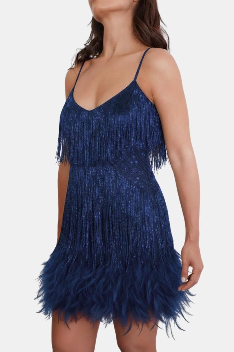 Jeena – Sequin Fringe Feather Party Dress With Vintage Glam - Nalani - Fashion Clothing and Decor