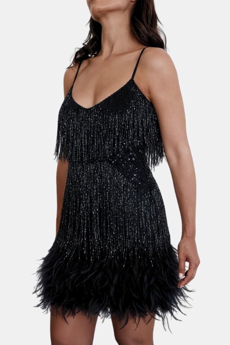 Jeena – Sequin Fringe Feather Party Dress With Vintage Glam - Nalani - Fashion Clothing and Decor