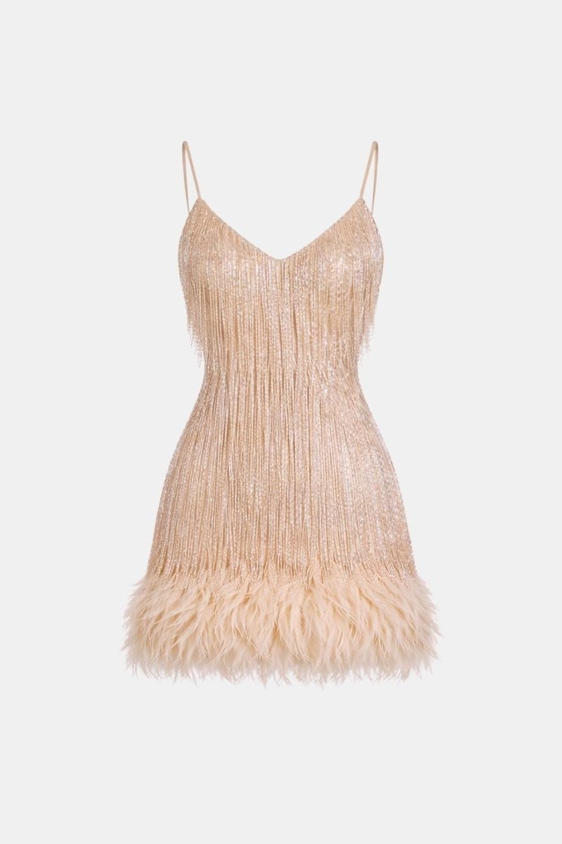Jeena – Sequin Fringe Feather Party Dress With Vintage Glam - Nalani - Fashion Clothing and Decor