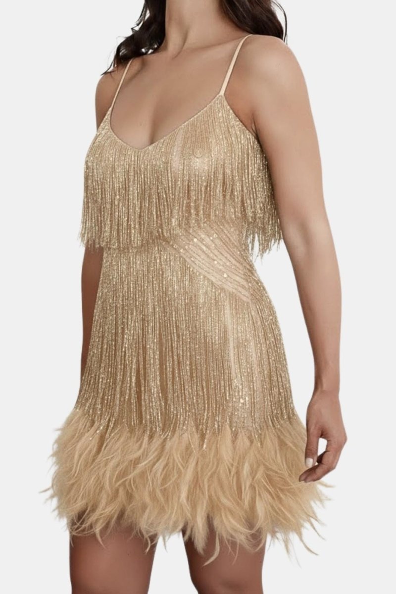 Jeena – Sequin Fringe Feather Party Dress With Vintage Glam - Nalani - Fashion Clothing and Decor