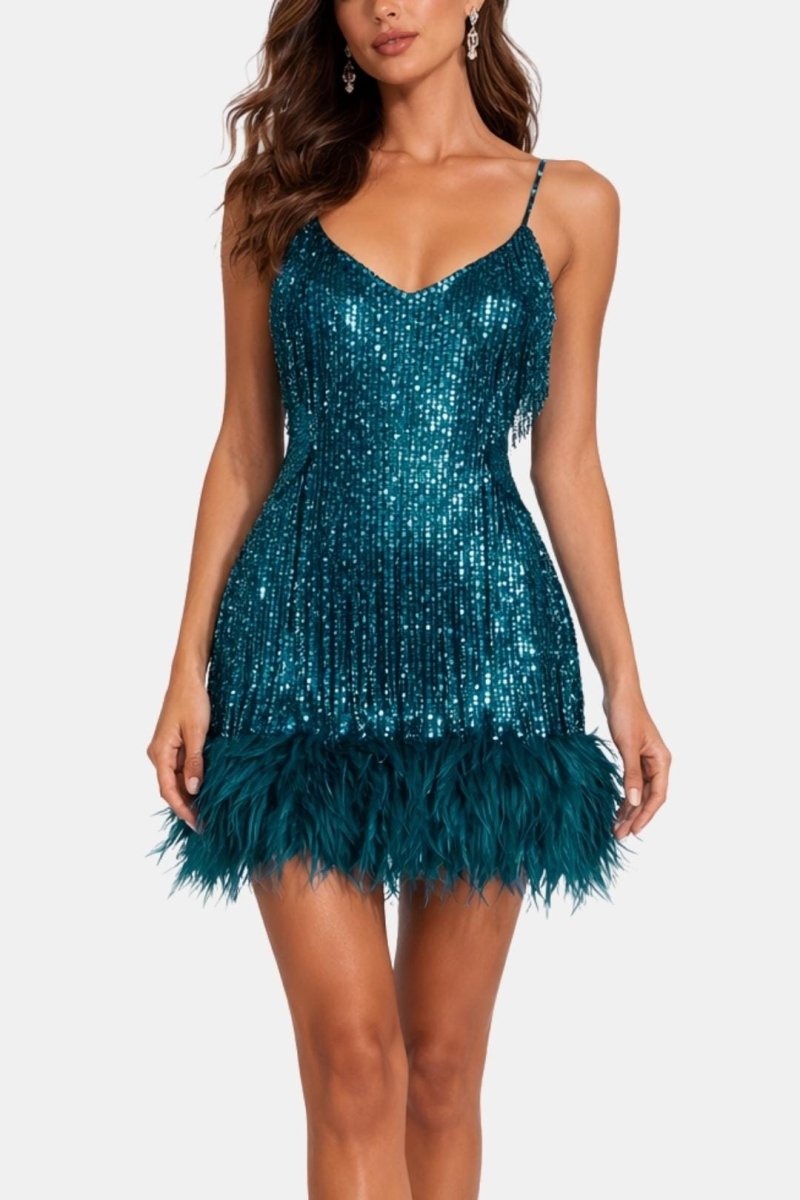 Jeena – Sequin Fringe Feather Party Dress With Vintage Glam - Nalani - Fashion Clothing and Decor