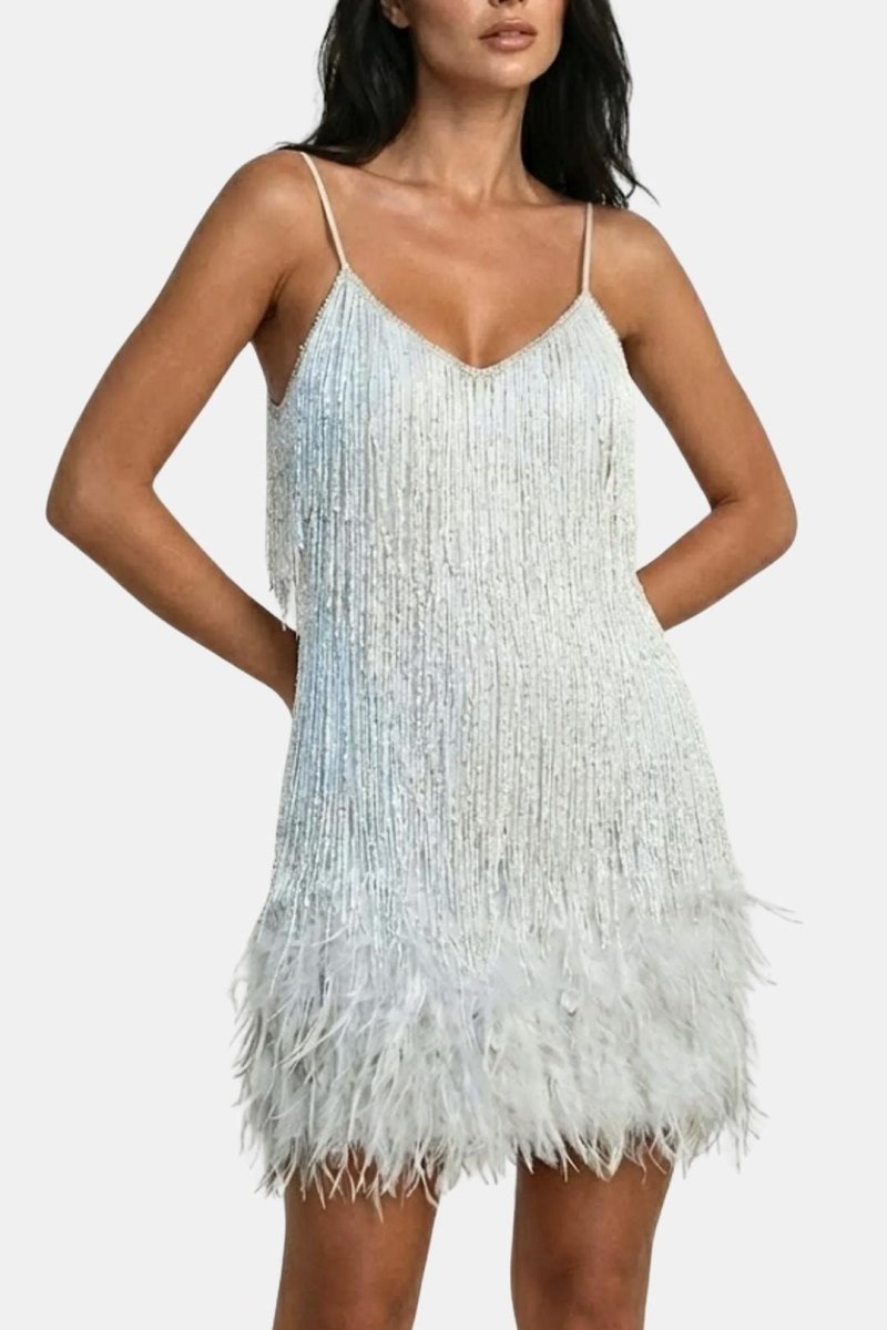 Jeena – Sequin Fringe Feather Party Dress With Vintage Glam - Nalani - Fashion Clothing and Decor
