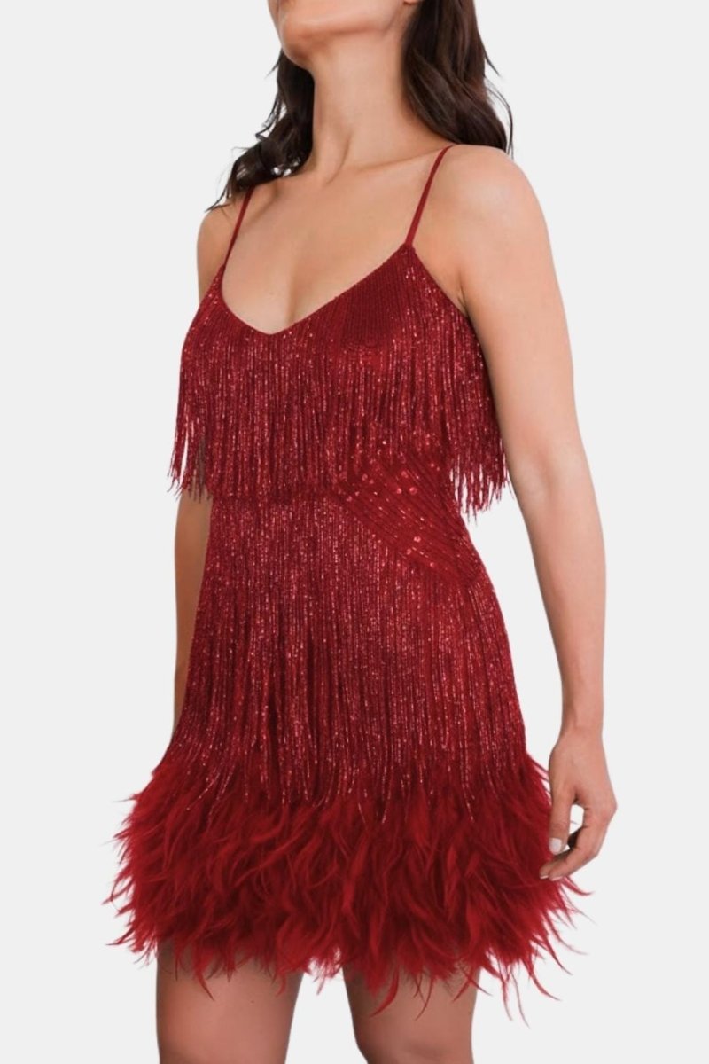 Jeena – Sequin Fringe Feather Party Dress With Vintage Glam - Nalani - Fashion Clothing and Decor