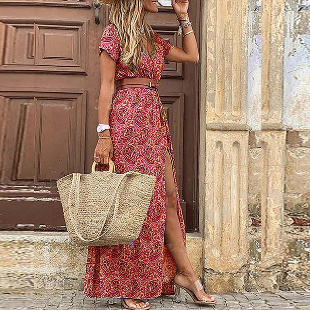 Justine | Airy Boho Maxi Dress With Matching Belt For Summer Days - Nalani - Fashion Clothing and Decor