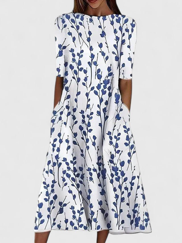 Karelieth Sophisticated Floral Print Midi Dress For Summer Lightweight Stretchable Fabric Coastal Inspired - Nalani - Fashion Clothing and Decor