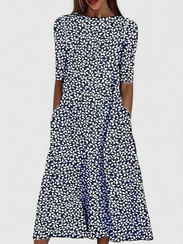 Karelieth Sophisticated Floral Print Midi Dress For Summer Lightweight Stretchable Fabric Coastal Inspired - Nalani - Fashion Clothing and Decor