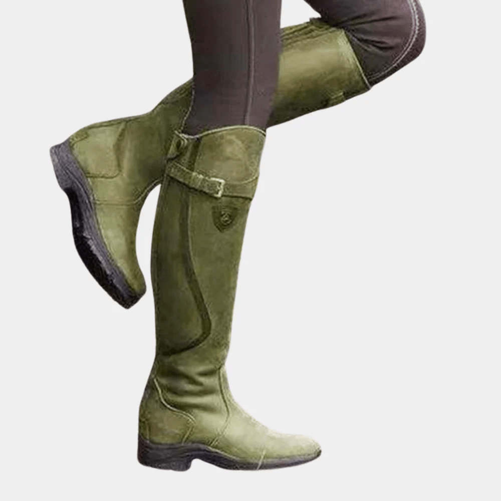 Knee High Boots Leather Water Resistant Slim Fit Buckle Strap - Nalani - UK Fashion Clothing and Decor