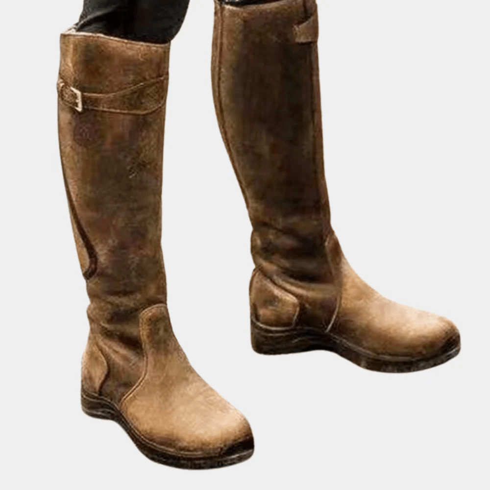 Knee High Boots Leather Water Resistant Slim Fit Buckle Strap - Nalani - UK Fashion Clothing and Decor