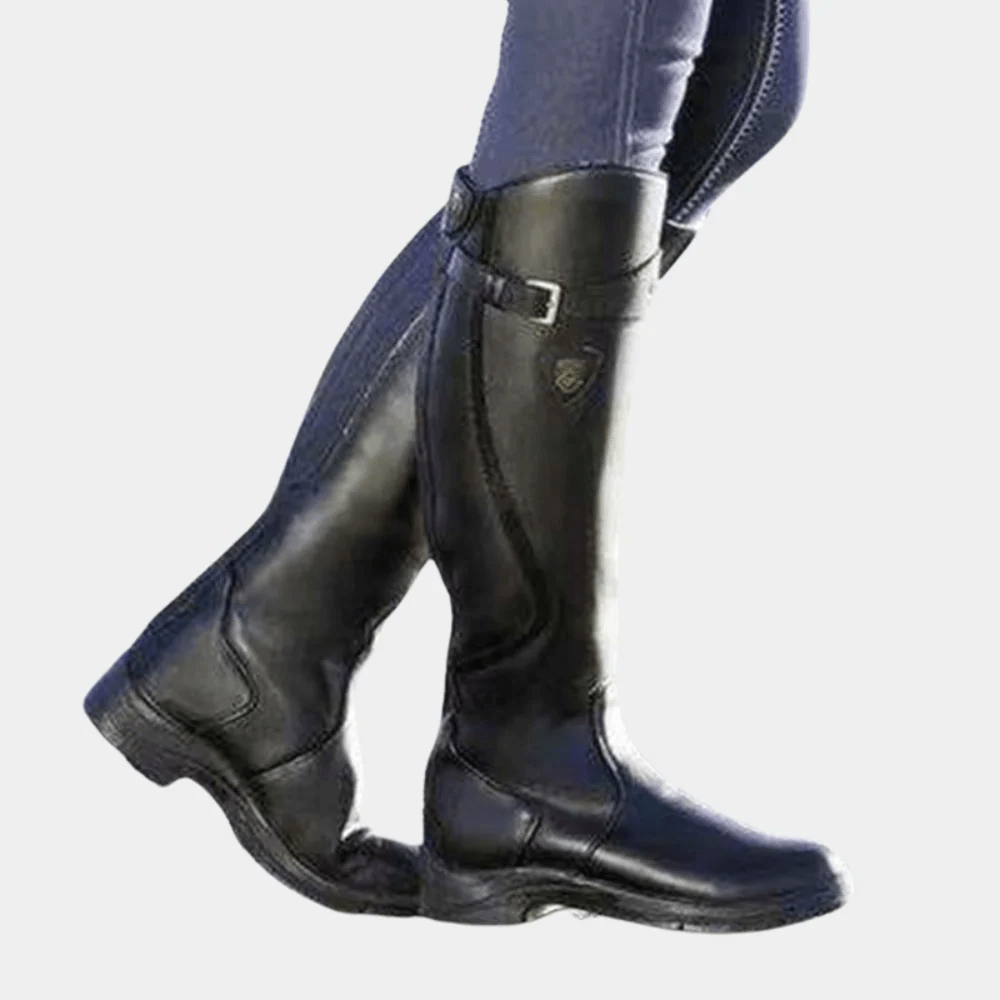Knee High Boots Leather Water Resistant Slim Fit Buckle Strap - Nalani - UK Fashion Clothing and Decor