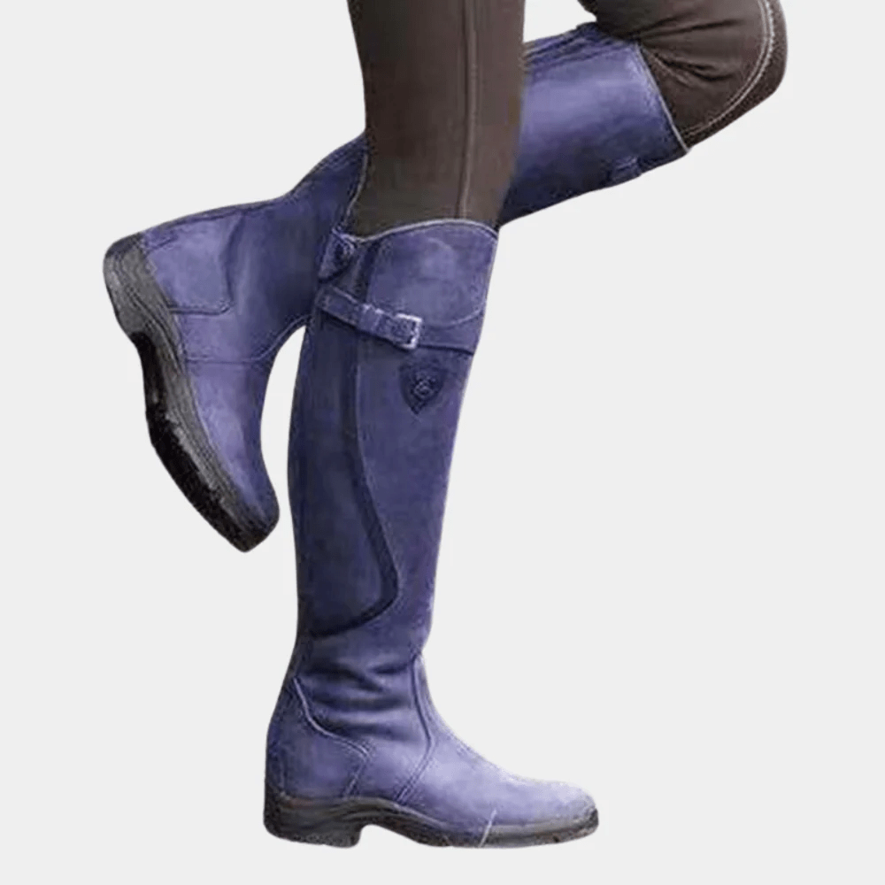 Knee High Boots Leather Water Resistant Slim Fit Buckle Strap - Nalani - UK Fashion Clothing and Decor