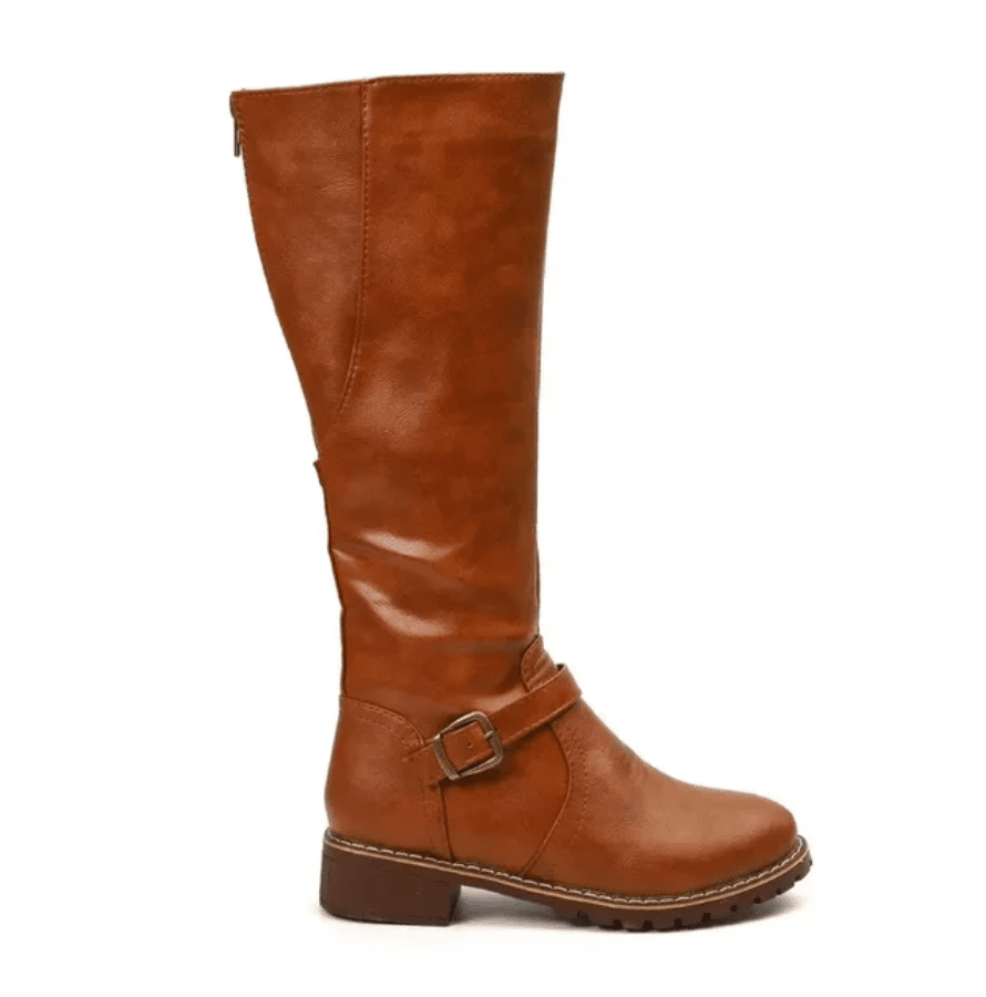 Knee High Boots With Buckle Strap And Low Block Heel - Nalani - UK Fashion Clothing and Decor