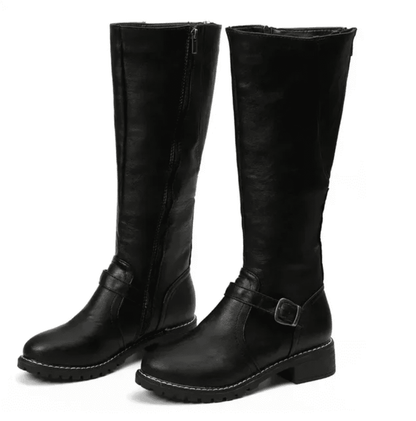 Knee High Boots With Buckle Strap And Low Block Heel - Nalani - UK Fashion Clothing and Decor