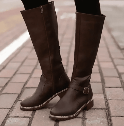 Knee High Boots With Buckle Strap And Low Block Heel - Nalani - UK Fashion Clothing and Decor
