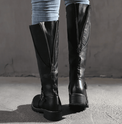 Knee High Boots With Buckle Strap And Low Block Heel - Nalani - UK Fashion Clothing and Decor