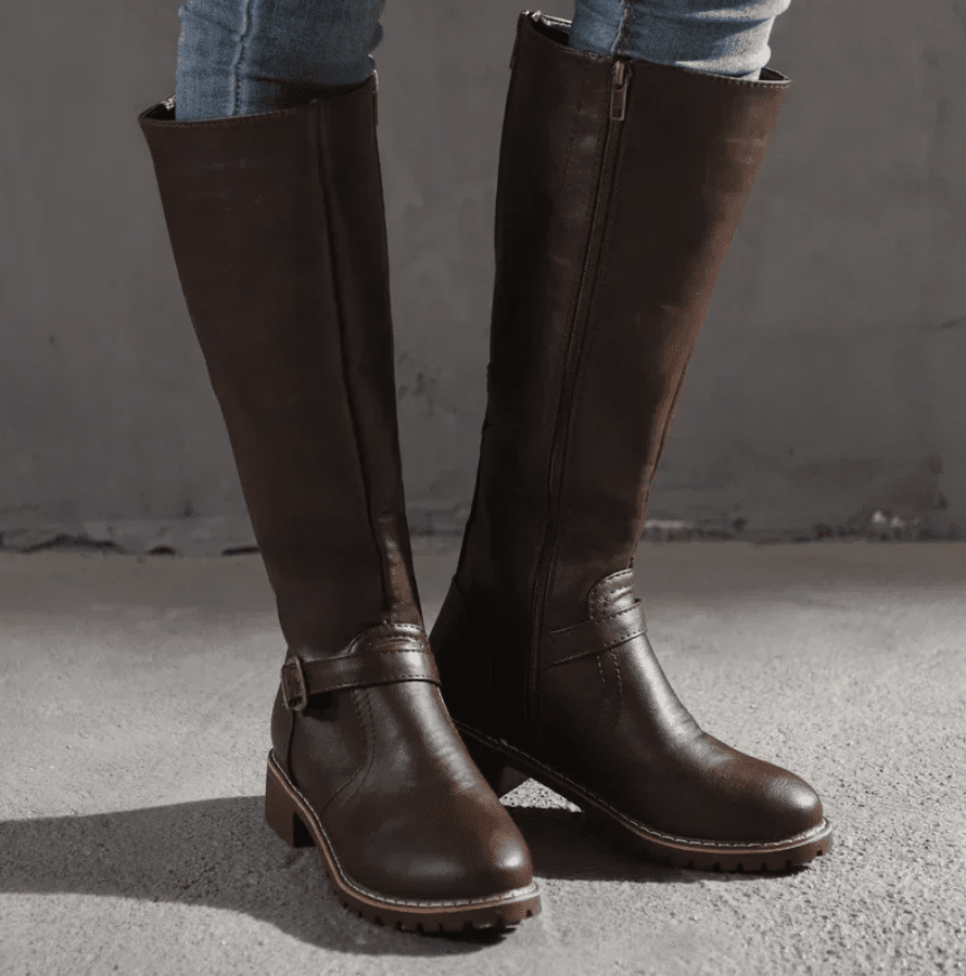 Knee High Boots With Buckle Strap And Low Block Heel - Nalani - UK Fashion Clothing and Decor