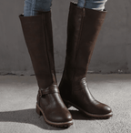 Knee High Boots With Buckle Strap And Low Block Heel - Nalani - UK Fashion Clothing and Decor