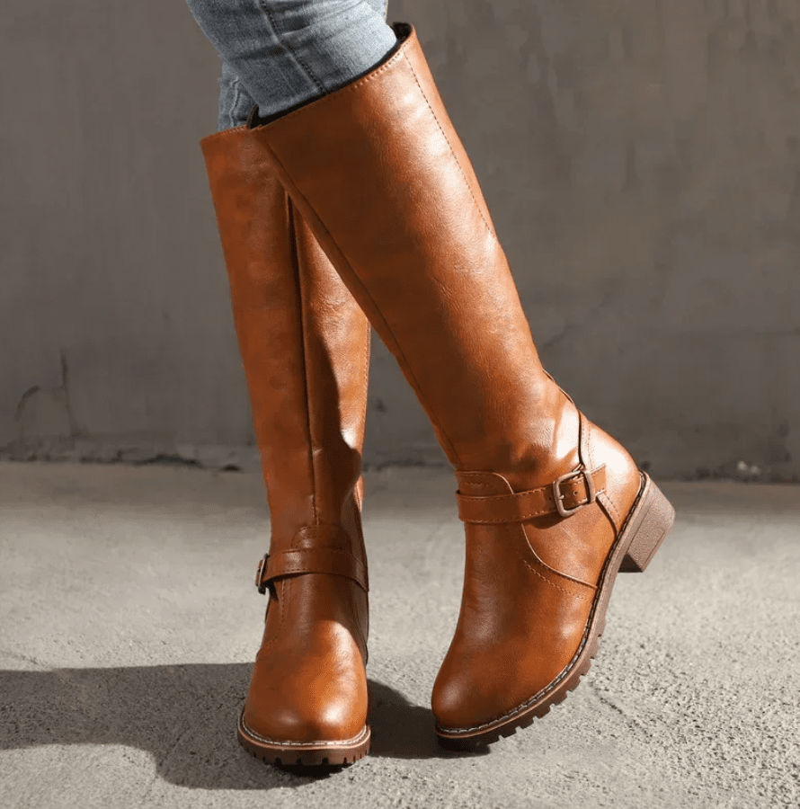Knee High Boots With Buckle Strap And Low Block Heel - Nalani - UK Fashion Clothing and Decor