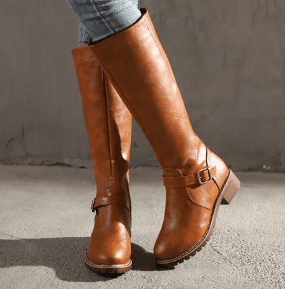 Knee High Boots With Buckle Strap And Low Block Heel - Nalani - UK Fashion Clothing and Decor