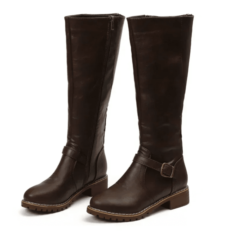 Knee High Boots With Buckle Strap And Low Block Heel - Nalani - UK Fashion Clothing and Decor