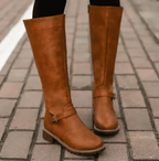 Knee High Boots With Buckle Strap And Low Block Heel - Nalani - UK Fashion Clothing and Decor