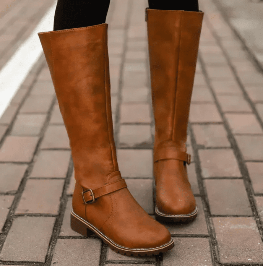 Knee High Boots With Buckle Strap And Low Block Heel - Nalani - UK Fashion Clothing and Decor