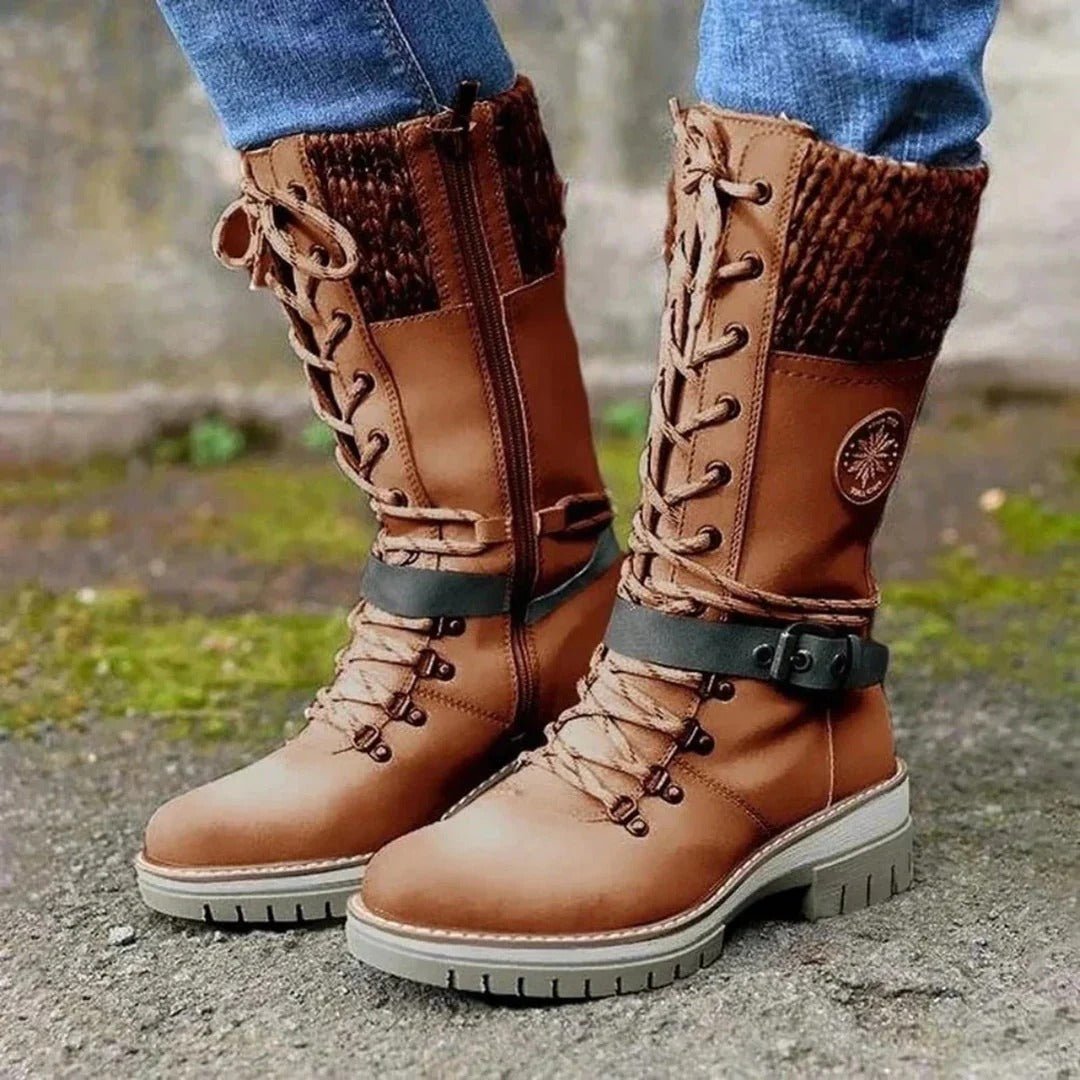 Knee High Boots Wool Knit Cuff Lace Up Side Zipper Buckle Strap - Nalani - UK Fashion Clothing and Decor