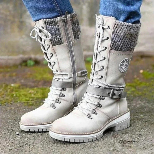 Knee High Boots Wool Knit Cuff Lace Up Side Zipper Buckle Strap - Nalani - UK Fashion Clothing and Decor