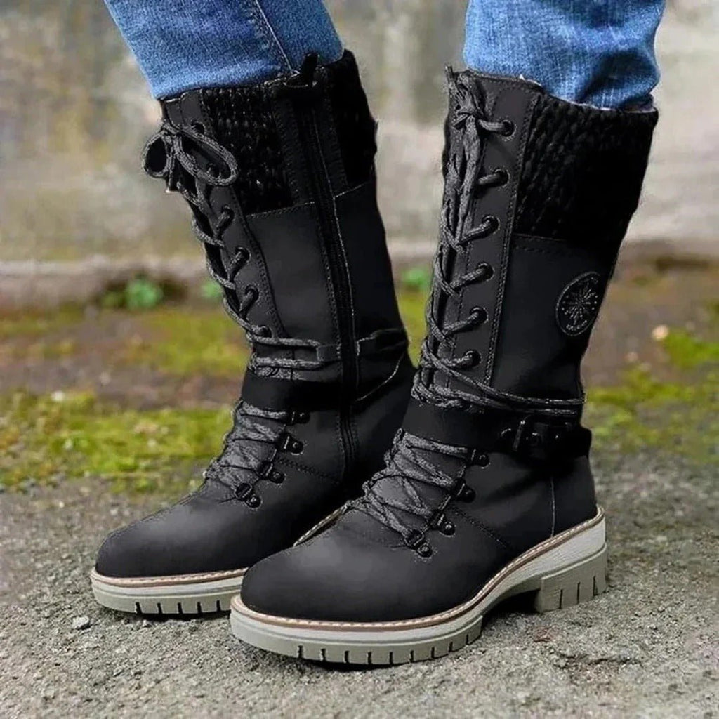 Knee High Boots Wool Knit Cuff Lace Up Side Zipper Buckle Strap - Nalani - UK Fashion Clothing and Decor