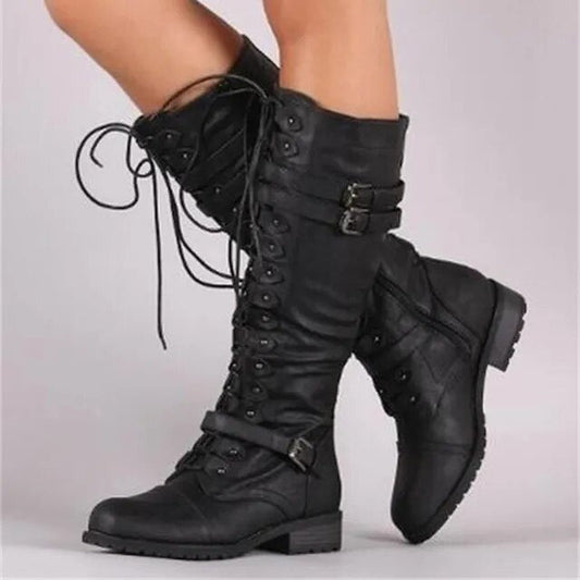 Knee High Lace Up Boots Leather Look With Buckle Accents - Nalani - UK Fashion Clothing and Decor