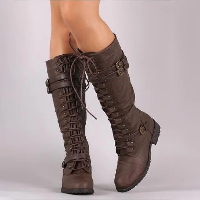 Knee High Lace Up Boots Leather Look With Buckle Accents - Nalani - UK Fashion Clothing and Decor