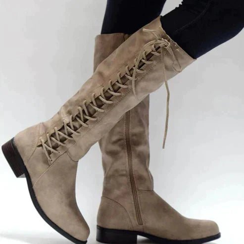Knee High Lace Up Boots With Side Zipper Flat Sole Sleek Fit - Nalani - UK Fashion Clothing and Decor