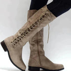 Knee High Lace Up Boots With Side Zipper Flat Sole Sleek Fit - Nalani - UK Fashion Clothing and Decor