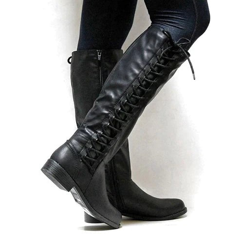 Knee High Lace Up Boots With Side Zipper Flat Sole Sleek Fit - Nalani - UK Fashion Clothing and Decor